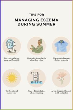 Summer is finally here 🙌 As temperatures rise, follow these tips to keep eczema flare ups at bay:⁠ ⁠ 🧊 Stay cool and avoid sweating if possible. ⁠ 🧴 Moisturize immediately after showering. ⁠ 👕 Change out of sweaty clothes promptly. ⁠ ☀️ Opt for mineral sunscreens. ⁠ 🏊‍♂️ Rinse off immediately after swimming. ⁠ 🌻 Avoid allergens like dust, mold, and pollen. ⁠ Bonus tip: As always, stay hydrated! 💦⁠ How To Get Rid Of Excema, Ezcema Diet, Atopic Skin, Dust Allergy, Skin Remedies, Skin Care Mask, Mineral Sunscreen, Skin Tips