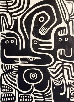 a black and white painting with abstract shapes