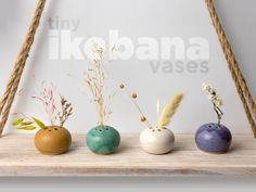 three different colored vases sitting on top of a wooden shelf