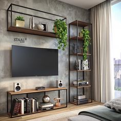 an entertainment center with bookshelves and plants on the wall, along with a flat screen tv