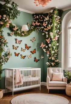 a baby's room with butterflies on the wall and a crib in the corner