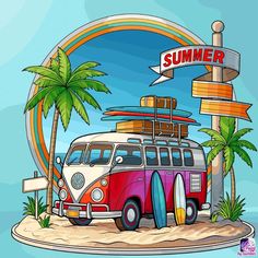 a van with surfboards is parked in front of a sign that says summer on the beach