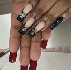 French Tip Nails With Red Bottoms, Red Bottom Birthday Nails, Nails Acrylic Red Bottoms, Black French Tip Nails With Red Bottoms, Black Nails With Red Bottoms Coffin, Black Cross Nails, Black Croc Nail Design, Dark Red Nails With Cross