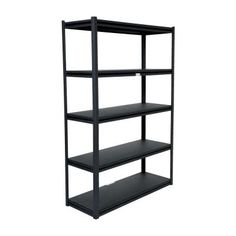 black shelving unit with four shelves on each side and one shelf in the middle