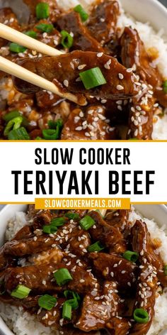 Close-up of chopsticks holding slow cooker teriyaki beef over a bowl of rice. Slow Cooker Teriyaki, Teriyaki Beef, Slow Cooker Recipes Beef, Homemade Sausage, Crockpot Dishes, Crockpot Beef, Beef Recipe, Crock Pot Slow Cooker