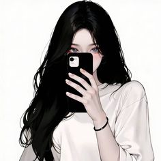 a girl with long black hair is holding up her cell phone