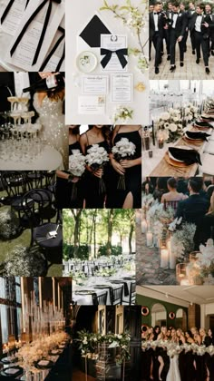 black tie wedding, classy, elegant, timeless Mafia Wedding Decor, Classy Black Tie Wedding Aesthetic, Black Beach Wedding Decor, Wedding Themes With Black, Wedding Reception Mood Board, All Black Wedding Aesthetic, Wedding Theme Neutral, New Years Wedding Colors, All Black Beach Wedding