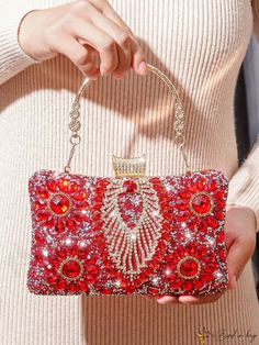 BirdinBag - Sparkling Rhinestone Clutch: Elegant Small Evening Bag for Party, adorned with Mini Decor Rhinestone Embellished Bags For Banquet, Rhinestone Bags For Banquet, Red Handheld Shoulder Bag For Party, Handheld Red Shoulder Bag For Parties, Red Embellished Evening Bag, Red Embellished Clutch For Formal Occasions, Elegant Red Embellished Evening Bag, Red Handheld Bag For Events, Red Rhinestone Evening Bag For Formal Occasions