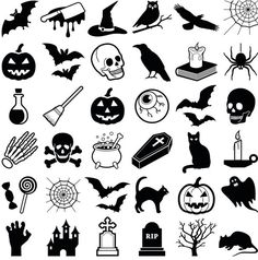 black and white halloween icons on a white background