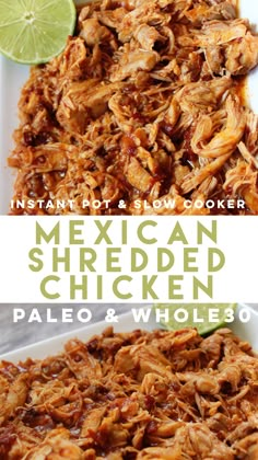 mexican shredded chicken in a white casserole dish with lime wedges on the side