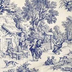 a blue and white drawing of people in a park