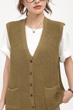 Brown Knitted Lazy Style Vest Brown M Multi Pocket Vest, Fashion Chingu, Lazy Style, Types Of Coats, Style Vest, Green Diamond, Vest Fashion, Vest Outfits, Knit Vest