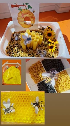 bees and honeycombs are on display in the center of a table with paper cutouts