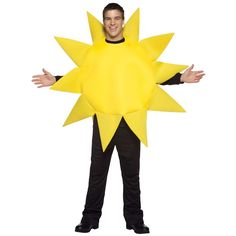 a man in a yellow star costume poses for the camera with his arms out and hands out