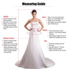 a woman in a white dress with measurements for her wedding gown, which features the waist and