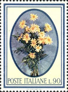 a postage stamp with yellow flowers in a vase