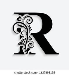 the letter r is decorated with flowers and swirls in black on a white background