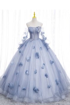 Blue Long Sleeves Tulle Prom Dress with Flowers, Puffy Off the Shoulder Quinceanera Dress डिजाइनर कपड़े, Dress With Flowers, Gaun Fashion, Twinkle Toes, Long Sleeve Dress Formal, Blue Ball