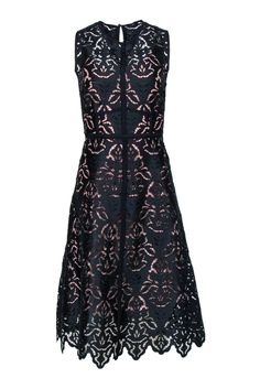 Current Boutique-L.K. Bennett - Navy Lace Fit & Flare Midi Dress w/ Pink Slip Sz 4 Flare Midi Dress, Chic Shop, Pink Pumps, Navy Lace, Fit & Flare, Scoop Neckline, Lace Detail, Fit And Flare, Lace Dress