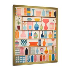 a painting on the wall with vases and other items in different colors, shapes and sizes