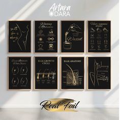 a set of six black and gold art prints with the names of different hair salons