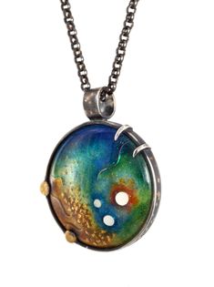 gold and silver cloisonne enamel jewel pendant Artistic Gold Jewelry With Cabochon, Unique Handmade Orb Jewelry, Unique Multicolor Jewelry With Patina, Hand Painted Gold Jewelry Wearable Art, Unique Multicolor Patina Jewelry, Artisan Gold Enamel Jewelry, Artistic Silver Jewelry With Patina, Unique Hand Painted Jewelry For Anniversary, Gold Patina Pendant Jewelry