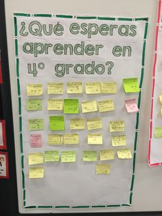 a bulletin board covered in sticky notes and post - it notes with spanish words on them