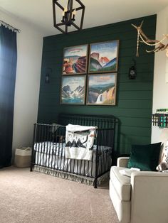 Dark green shiplap wall, National
Park nursery. Metal Crib Lodge Themed Nursery, Redwood Themed Nursery, Yosemite Nursery, River Theme Nursery, Rustic Modern Nursery, Iron Ore Nursery, National Forest Nursery, Cabin Theme Nursery, Camping Nursery Theme Gender Neutral