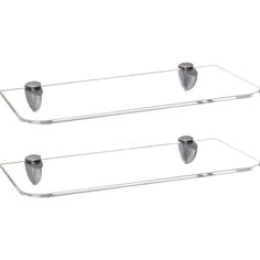 two clear glass shelves with metal handles