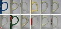 eight different colored coffee mugs with handles in various shapes and sizes, all lined up against one another