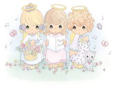 three little angels are standing next to each other holding flowers and an open book in their hands