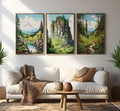 a living room with two paintings on the wall