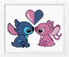 cross stitch pattern with two little blue and pink animals kissing each other in front of a white frame