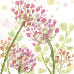 watercolor painting of pink and green flowers on white paper with polka doting in the background