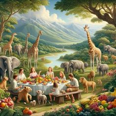 a group of people sitting at a table surrounded by giraffes and elephants