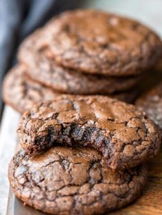 three chocolate cookies stacked on top of each other