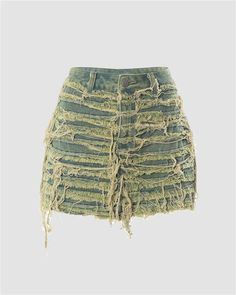 Details: Denim skirt with rip-off design Skirt Length: Short Materials:35% Cotton + 60% Polyester + 5% Spandex Tassel Shorts, Rok Mini, Womens Denim Skirts, Empire Style, Weekend Wardrobe, Women Wholesale, Jeans Rock, Green Skirt, Denim Mini