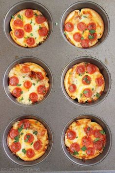 six mini pizzas in a muffin tin