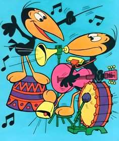 an image of two cartoon characters playing music instruments and singing into each other's ears