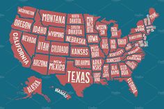 the united states map in red and blue with words all over it on a dark background