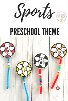 three colorful paper plate crafts with the words sports preschool theme on them and text overlay that reads, sports preschool theme