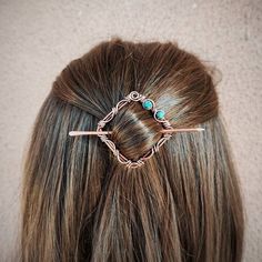 "Viking style hair barrette with blue sediment beads. This original barrette in geometric shape has been designed and handmade by me in my workshop. Thanks to its small size you can get hold of this barrette whether you have long or short hair. The barrette is 4 cm long and has been antiqued to give a vintage touch to the piece and highlight the wrapping. It is adorned with copper wire filigree and two small blue sediment beads. The hair stick measures 9 cm and has hammered and polished ends so Wire Wrapped Hair Accessories, Viking Style Hair, Viking Hair Beads, Wire Filigree, Scarf Slides, Tiny Hair Clip, Tiny Hair, Metal Hair Accessories, Geometric Hair