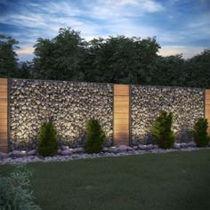 a screenshot of a stone wall with trees and bushes in the foreground at night