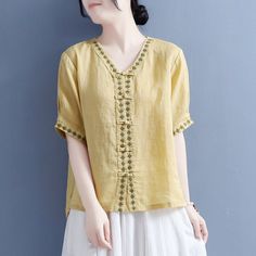 Details: Gender: Women Item Type: Blouse Material: Cotton Linen Pattern Type: Embroidery Season: Summer Style: Leisure, Daily, Retro Occasion: Going Out, Daily Size: One Size Length: 61.00 cm/ 24.02 " Bust: 112.00 cm/ 44.09 " Shoulder: 40.00 cm/ 15.75 " Sleeve: 26.00 cm/ 10.24 "