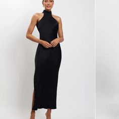 Meshki | Dresses | Meshki Claire Open Back Black Dress | Poshmark Sleek High Neck Dress For Date Night, Sleek High Neck Maxi Dress For Night Out, Sleek High-neck Maxi Dress For Night Out, Sleek High Neck Evening Dress, Chic High Neck Maxi Dress For Evening, Chic High Neck Evening Maxi Dress, Fitted High Neck Black Maxi Dress, Black High Neck Maxi Dress For Night Out, Black Stretch Halter Neck Maxi Dress