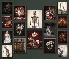 there are many pictures on the wall with flowers and skeletons in them, but no one is present