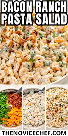 the recipe for bacon ranch pasta salad is shown