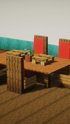 a table and chairs made out of wooden pallets in a minecraft style setting