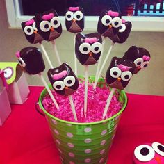 a green bucket filled with cake pops covered in chocolate owls