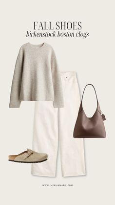 The Best Fall Shoes for 2024 | Erika Marie Minimalist Fashion Plus Size Capsule Wardrobe, Tan Crewneck Outfit, Fall Outfits 2024 Birkenstock, White Pants Fall Outfit, Jeans Fall Outfit 2024, Fall Outfits With Jeans, Fall Trends 2024 Outfits, Coastal Winter Outfits, Jeans Fall 2024 Outfit